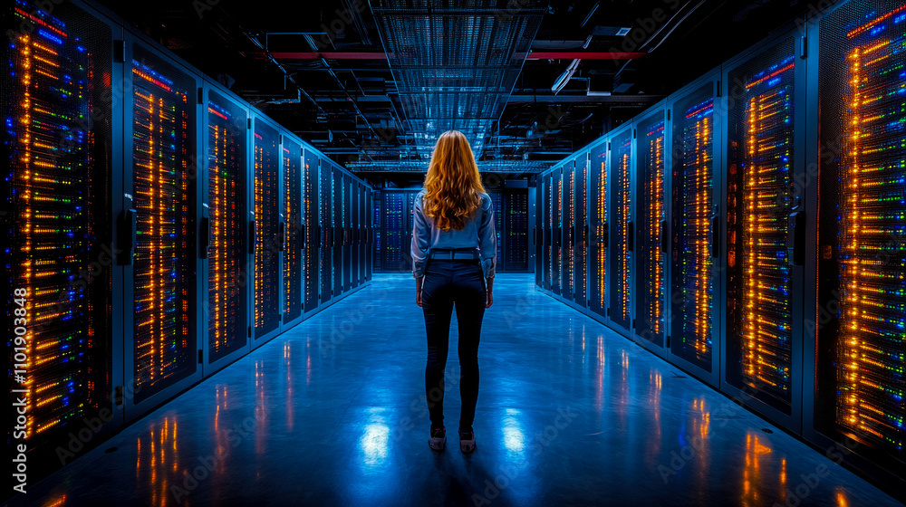 Poster a figure stands in a dark data center surrounded by rows of servers, each glowing with vibrant light
