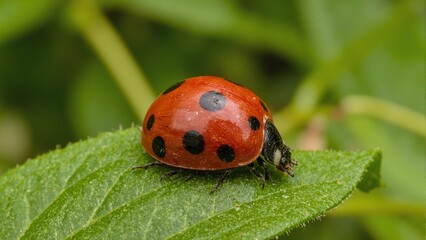 Fototapeta premium Vivid red ladybug with black spots on green leaf