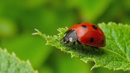 Obraz premium Vivid red ladybug with black spots on green leaf