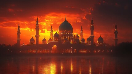 A grand mosque with shimmering golden domes against a fiery red sunset