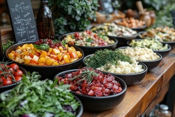 Obraz premium A selection of fresh salads in bowls on a wooden table.