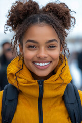 Bright smile of a young woman with curly hair wearing an orange jacket, standing in a snowy landscape, enjoying the outdoor atmosphere with joy