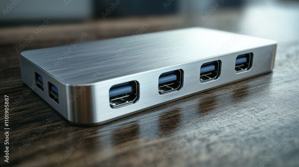 Poster stylish 3d model of a usb-c hub with brushed metallic finish, perfect for tech branding or product m