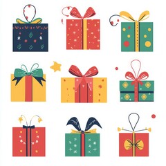 Christmas gift icon set with presents, gift tags, ribbons, and bows