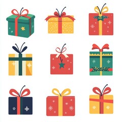 Christmas gift icon set with presents, gift tags, ribbons, and bows