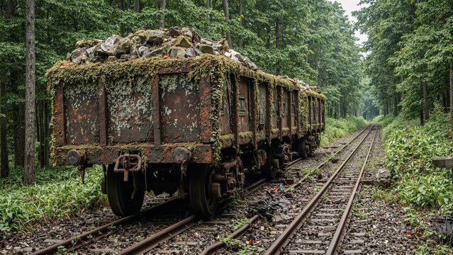 Abandoned mining cart on rusty tracks in forest   moss covered with rocks