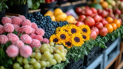 A vibrant display of fresh produce and flowers at a local market.