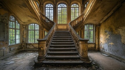 Obraz premium Abandoned Staircase in a Majestic Ruined Mansion