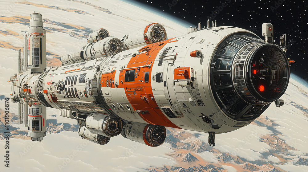 Poster futuristic spaceship exploring a distant planet in the outer galaxy with stunning celestial backgrou