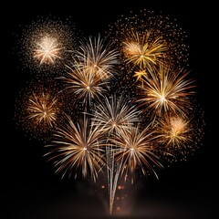 A gold fireworks celebration lighting up the night sky during a festive holiday event, isolated on black background