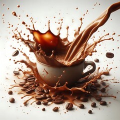 splashing coffee with coffee beans, isolated on white background, 3d rendering.