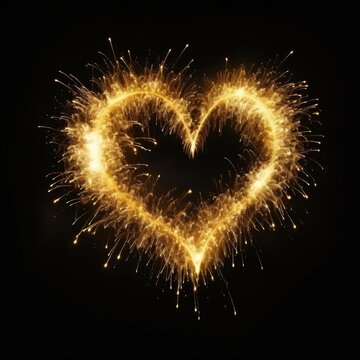 A gold heart shape fireworks celebration lighting up the night sky during a festive holiday event, isolated on black background