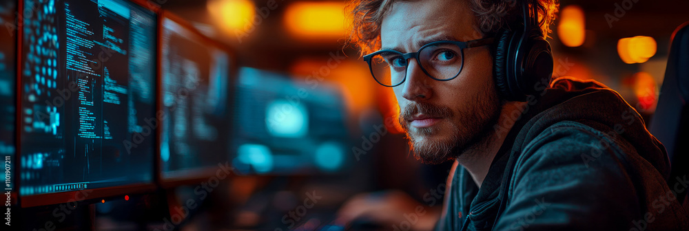 Poster a male programmer is deeply engaged in his work late at night, with multiple glowing computer screen
