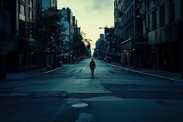Lonely figure walking down empty urban street at dusk