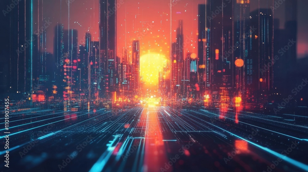 Poster the sun sets over a sleek array of solar panels, with glowing data visuals emphasizing the synergy o