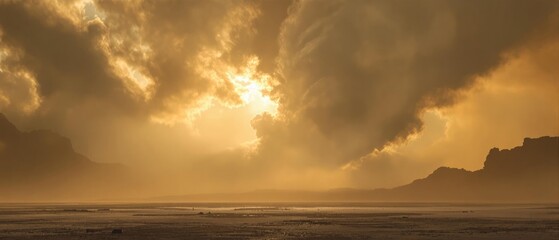 A dense cloud of smoke hangs in the air, casting a shadow over the landscape, dark, mysterious, fog, foreboding, mist
