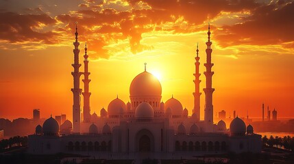 Naklejka premium A grand mosque with intricate minarets beneath a golden sunrise