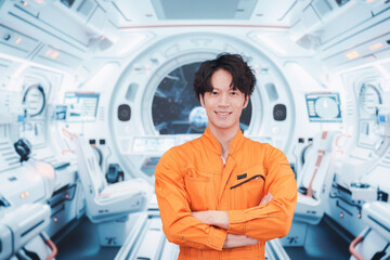 宇宙ステーションの中で働く若い男性の宇宙飛行士 © maroke