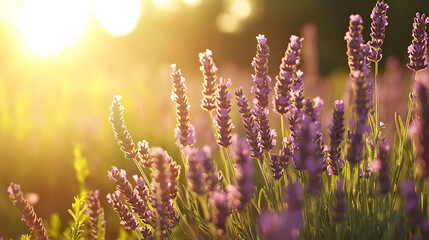 Obraz premium sprawling lavender field bathed in warm sunlight, showcasing vibrant purple flowers swaying gently in breeze, creating serene and calming atmosphere