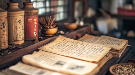Traditional Chinese medicine showcased with aged texts and dried herbs, creating a tranquil scene filled with historical essence