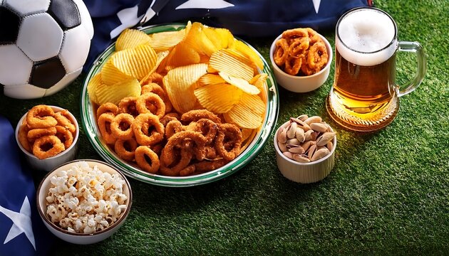  A football party setup features game day snacks including chips pistachios popcorn onio_1(286)
