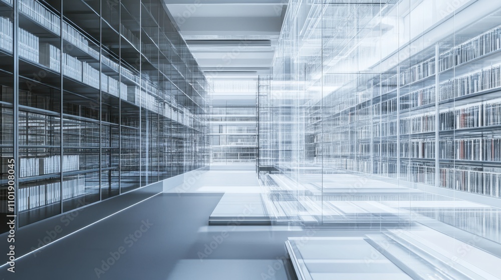 Poster transparent flooring and streamlined shelving in a futuristic warehouse setup, emphasizing order and