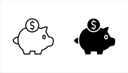 Piggy bank, linear style icon set, Piggy bank with a coin being inserted, Editable stroke width, on a white background.