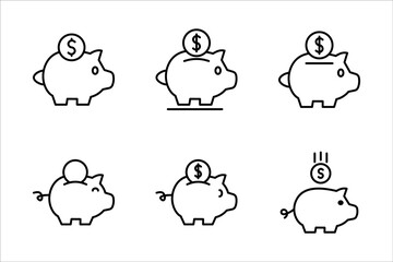 Piggy bank, linear style icon set, Piggy bank with a coin being inserted, Editable stroke width, on a white background.
