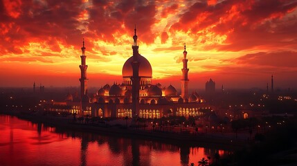 A grand mosque with domes glowing under a vivid red and yellow evening sky