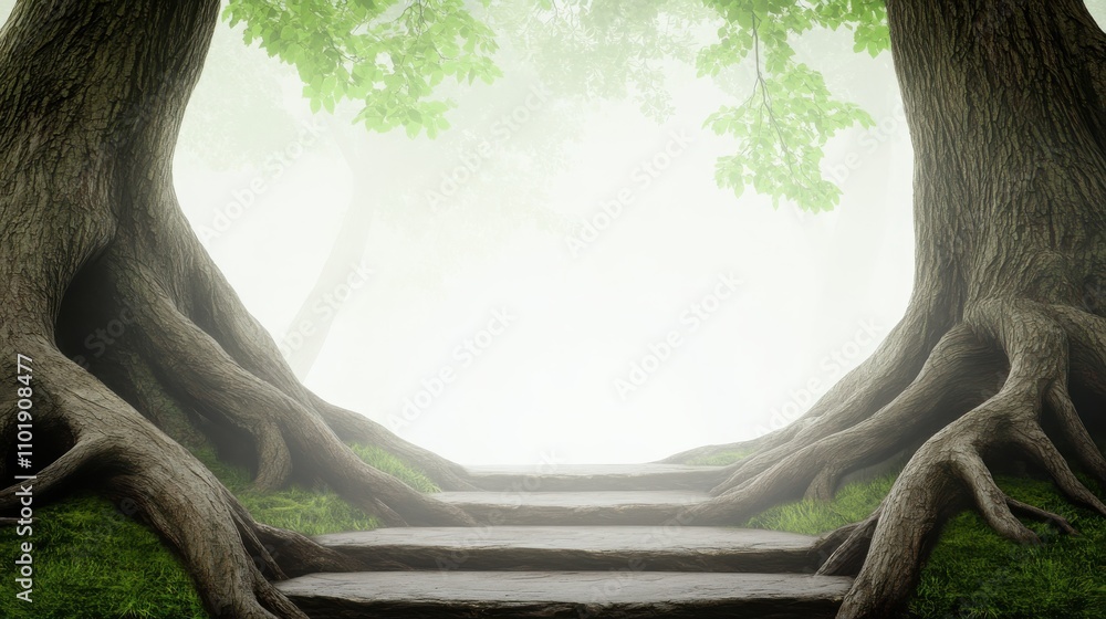 Poster a serene pathway flanked by ancient trees, leading into a misty forest, creating an enchanting atmos