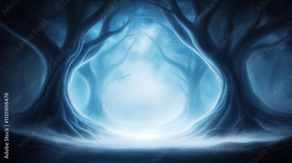 Poster a mystical forest scene featuring illuminated trees and an ethereal glow, creating a serene and ench