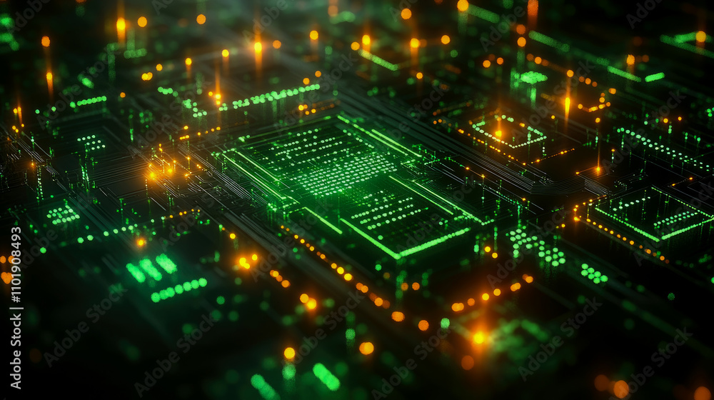 Poster intricate circuit board design is filled with glowing green patterns and bright yellow lights, portr