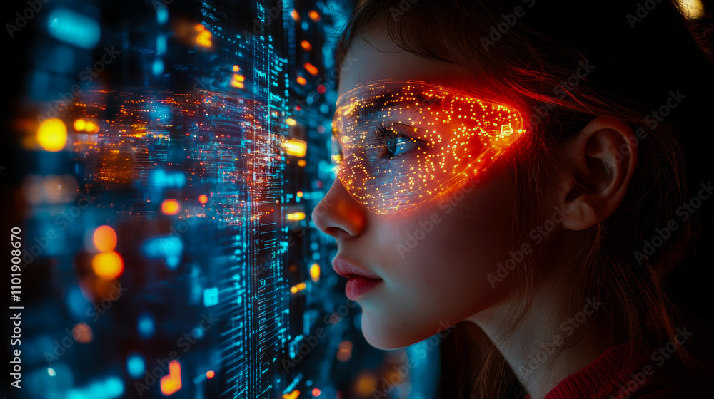 Poster a girl with illuminated glasses observes a vibrant holographic display filled with colorful data pat