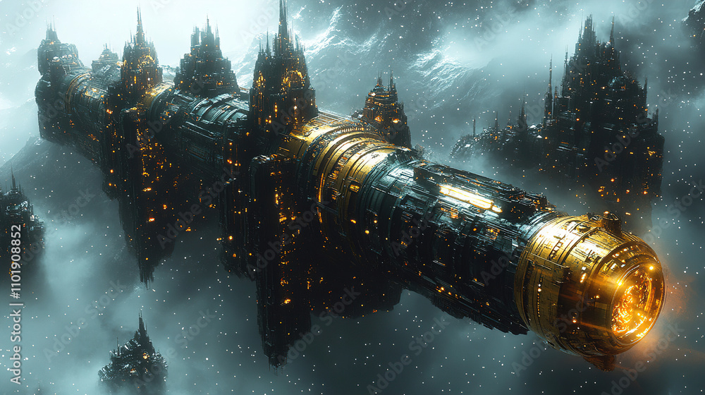 Aufkleber spacecraft travels through cosmic clouds towards distant, mysterious landscape with illuminated stru