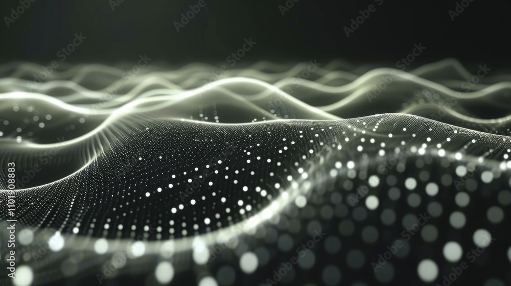 Poster a mesmerizing digital wave of tiny white particles flowing seamlessly across a dark background, crea