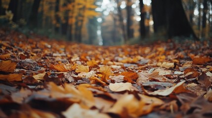 Autumnal Path: A captivating close-up reveals a carpet of fallen leaves, their warm hues painting a path that winds into a sun-dappled autumn forest.