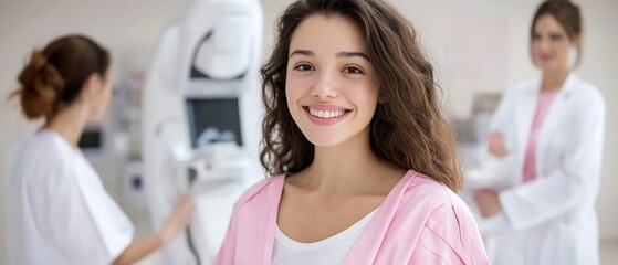 Smiling young woman in pink robe at clinic.