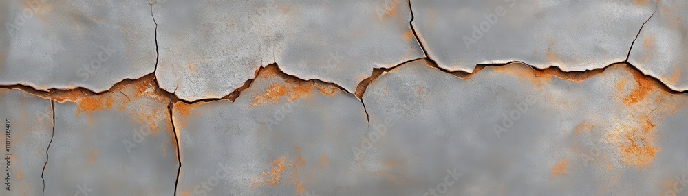 Poster a weathered metallic surface showing cracks and rust, evoking a sense of decay and aging, with a ble