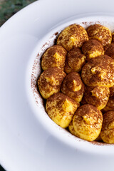 Classic italian dessert, tiramisù. An cheescake with cocoa, eggs, coffee and italian biscuits, savoiardo.