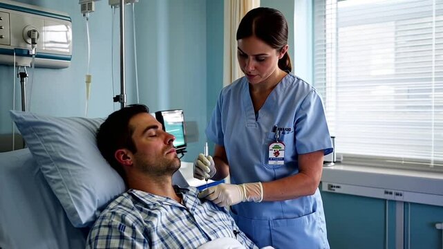 female nurse injecting medicine or vaccine into male patient in hospital bed