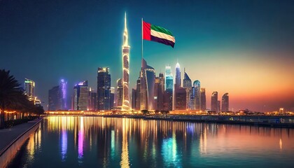 Fototapeta premium UAE National day, National Day of United Arab Emirates. National Day Concept Design, flag of united Arab emirates in desert background, wave flag of UAE, flag day 