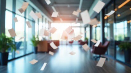 Papers swirling dynamically in a sleek office, symbolizing productivity