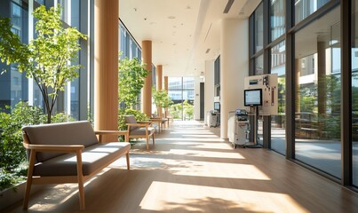 Sunlit hospital corridor with seating and plants.