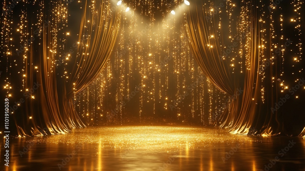 Poster golden stage with shimmering lights and curtains in a sparkling setting