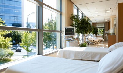 Sunlit hospital recovery room with beds, medical equipment, and large windows.