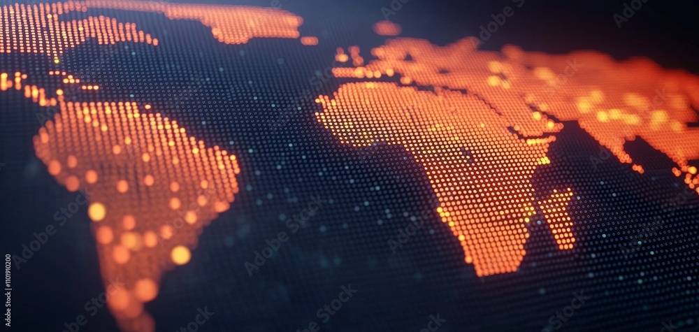 Poster a digital representation of a world map, illuminated with orange dots, conveying a sense of connecti
