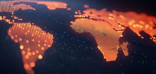 A digital representation of a world map, illuminated with orange dots, conveying a sense of connectivity and data visualization.