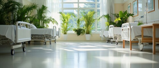 Sunlit hospital ward with empty beds, plants, and large window.