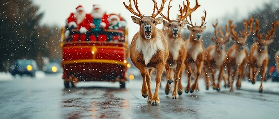 Santa's Sleigh Ride:  A magical moment as Santa Claus and his reindeer traverse a snowy city street, spreading Christmas cheer. The sleigh is adorned with festive lights.