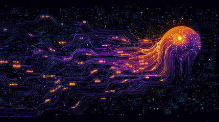 A vibrant jellyfish swims through a sea of data, with glowing tendrils reflecting the interplay of nature and technology in a captivating design